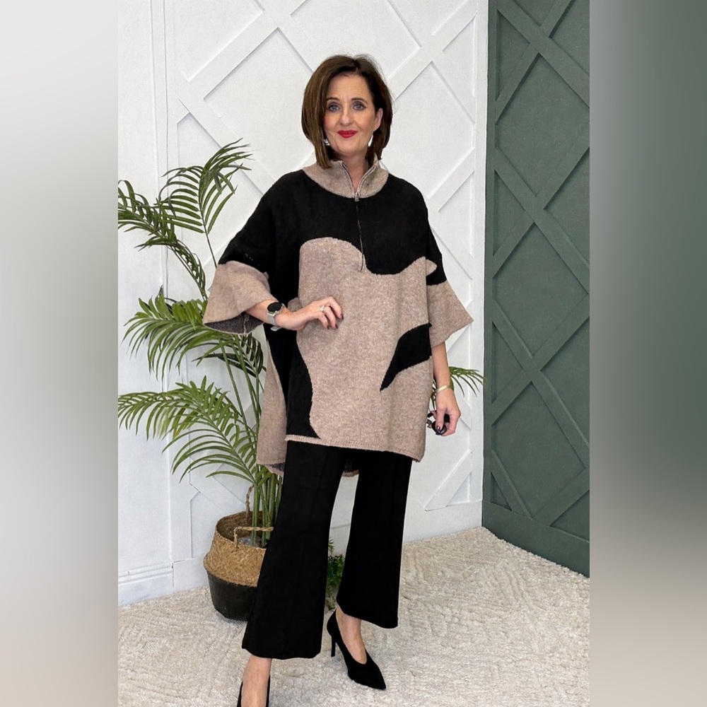 EFFORTLESSLY CHIC BLACK & TAN ZIP-NECK KNIT TUNIC SWEATER - BNWT - ONE SIZE